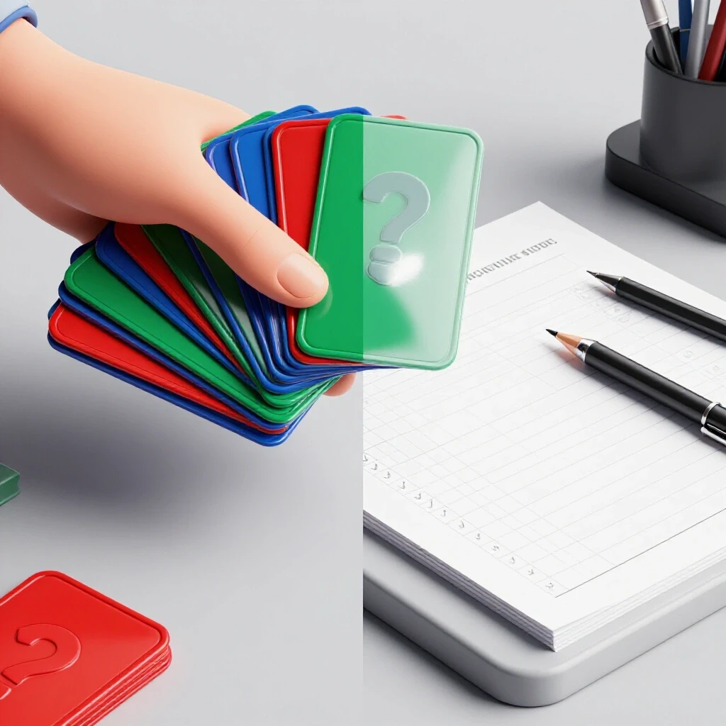 A split scene shows colorful flashcards with embossed symbols on one side and a desk with checkmarked test sheets on the other.