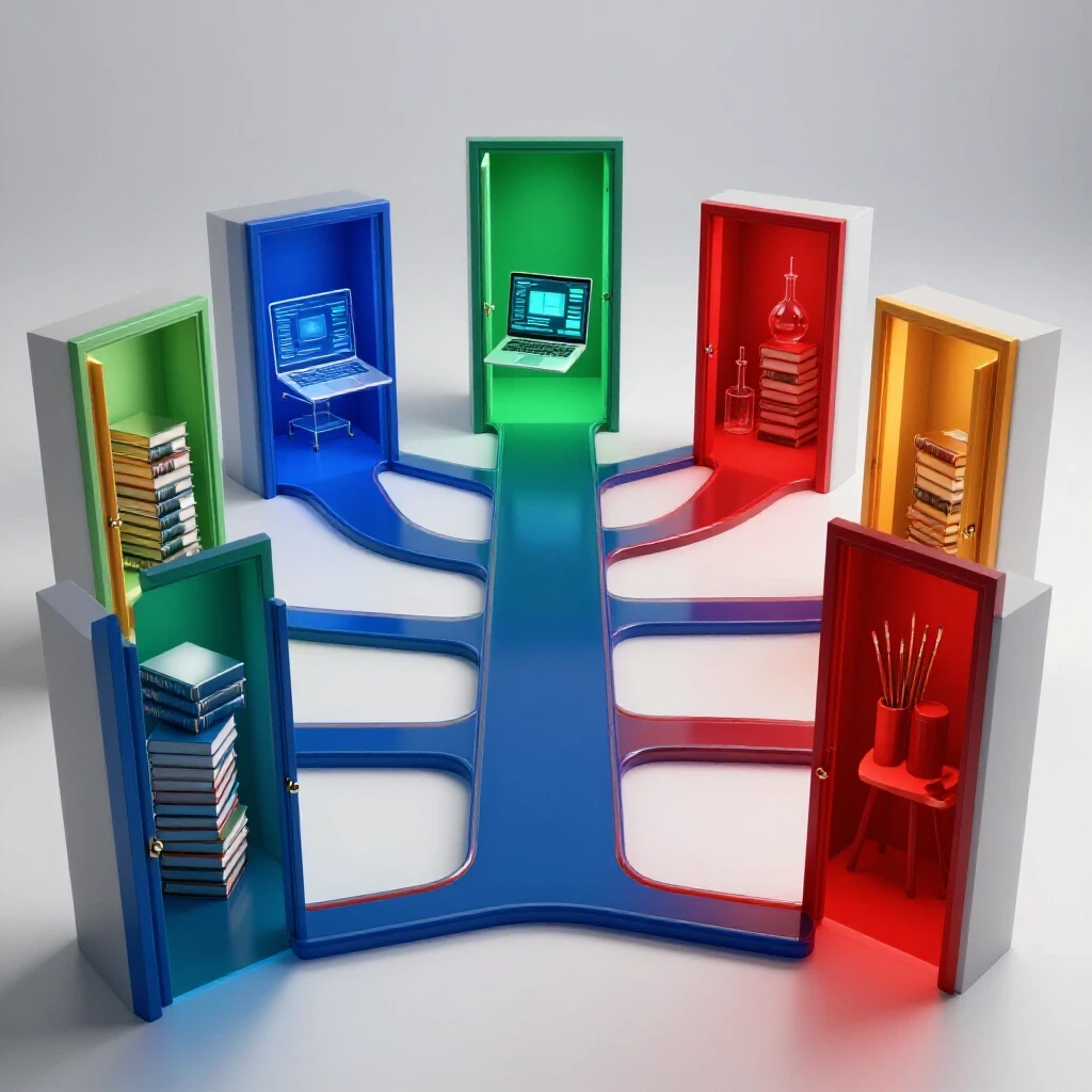Colorful branching pathways lead to glowing doorways, each revealing a different academic environment.
