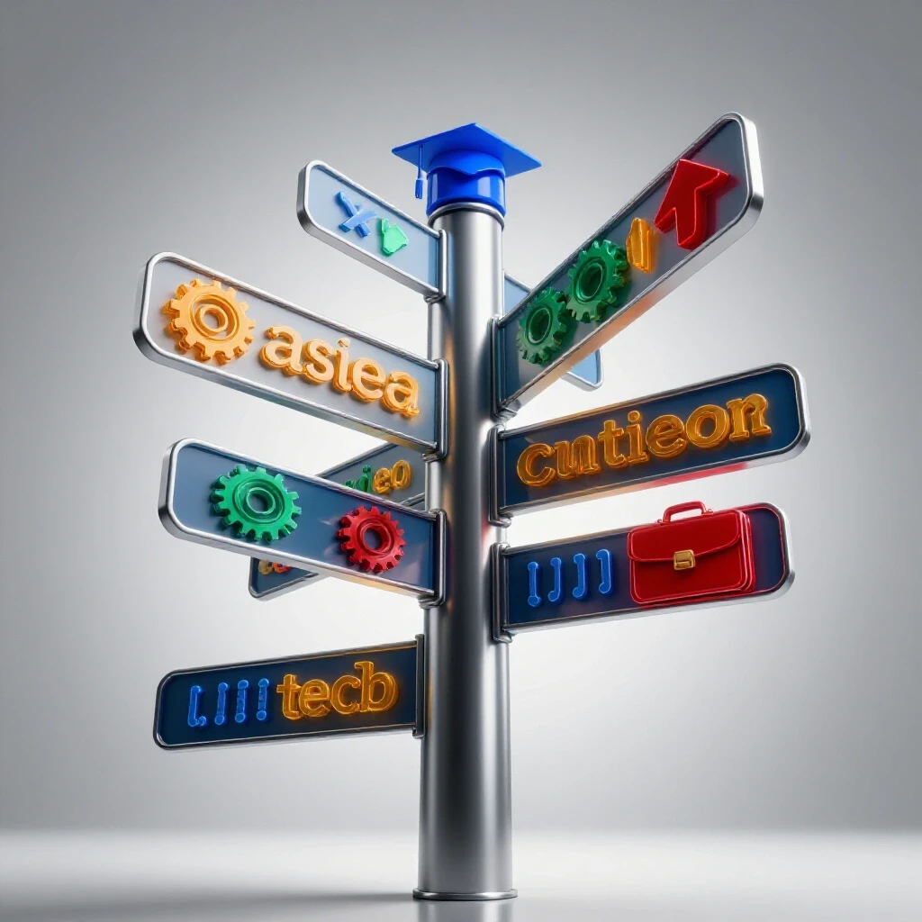 Glossy crossroads with illuminated pathways transforming into vibrant career symbols, set on a bright background.