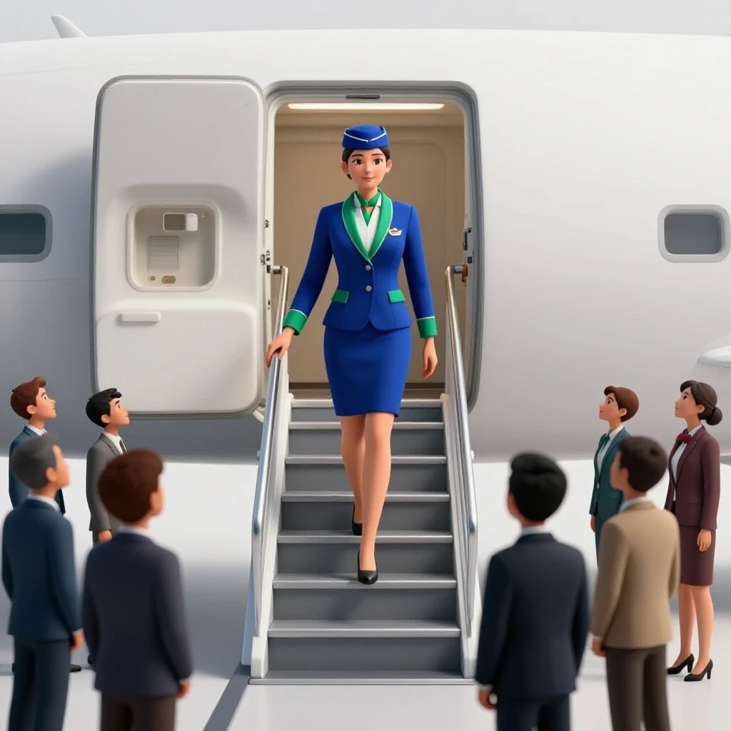Flight attendant in vibrant uniform steps from airplane door onto upward runway staircase as onlookers watch below
