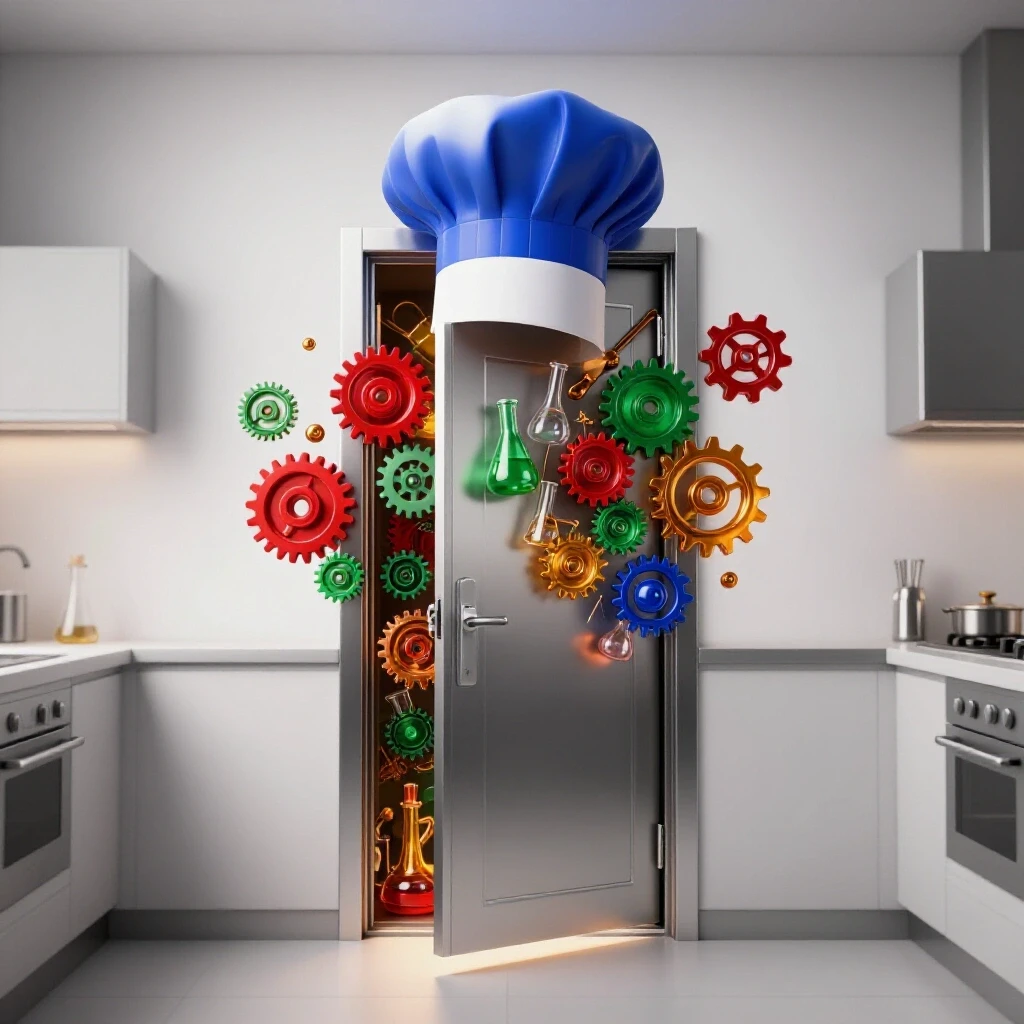 A chef's hat crowns a metallic kitchen door, opening to reveal vibrant, unexpected food industry scenes beyond.