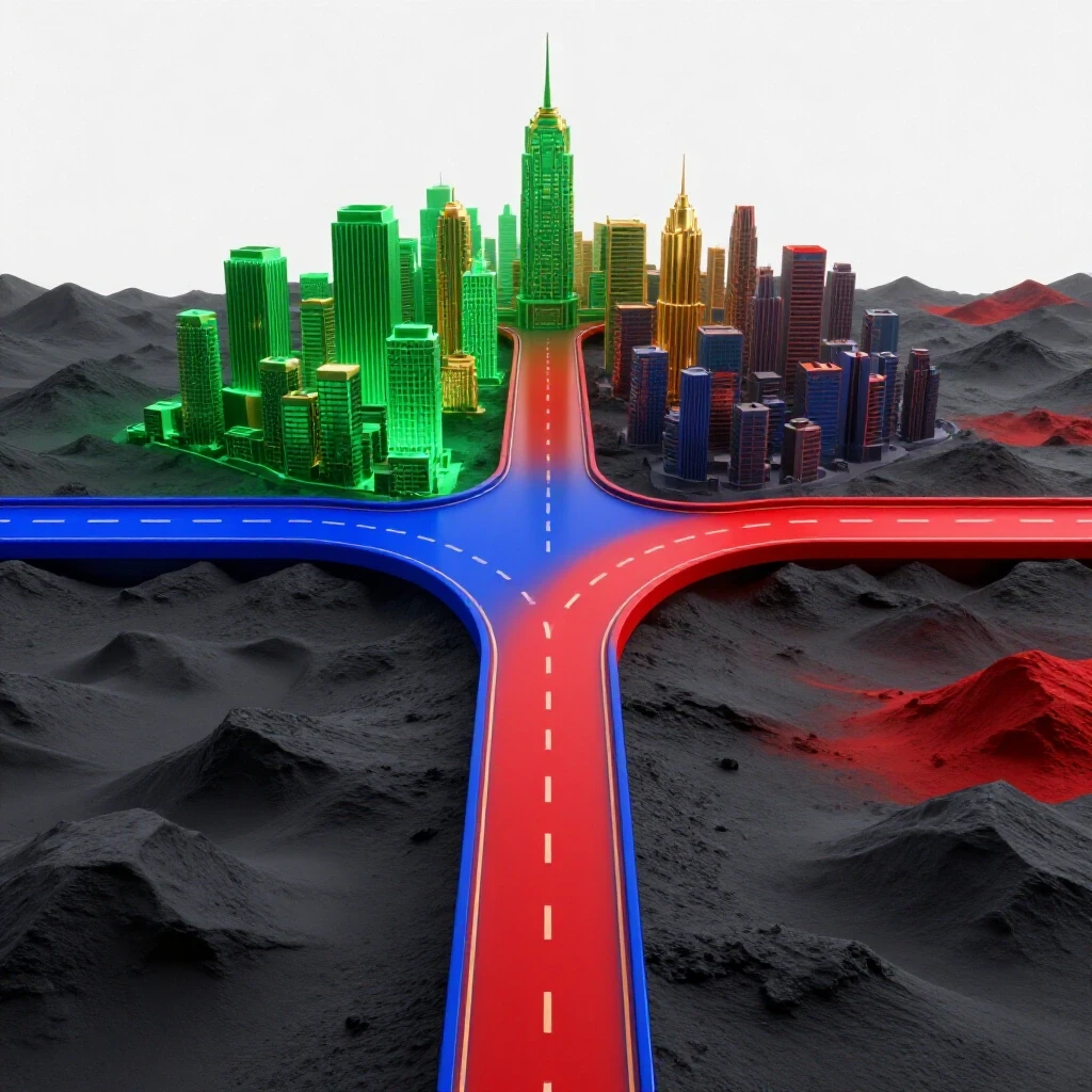 A dramatic forked path splits toward a glowing cityscape and a shadowy, uncertain landscape, symbolizing divergent outcomes.