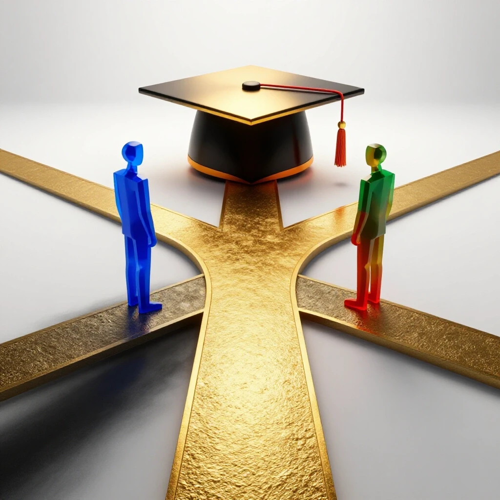 A radiant forked pathway with one gold-paved route leading to a shimmering graduation cap, the other fading into shadowy uncertainty, with abstract figures contemplating their choice at the crossroads.