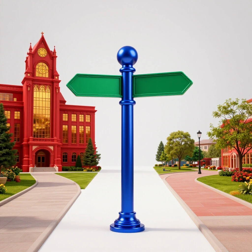 Glossy signpost at a crossroads with arrows to a distant grand university and a local landscape, set on bright white background.