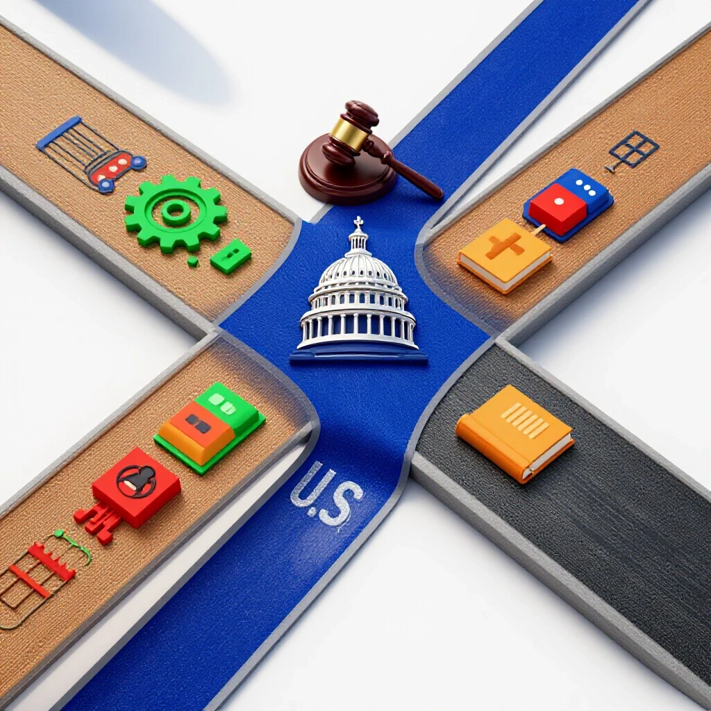 Glossy crossroads with U.S. legal icons on one path and diverse career symbols on the other, in vibrant colors.