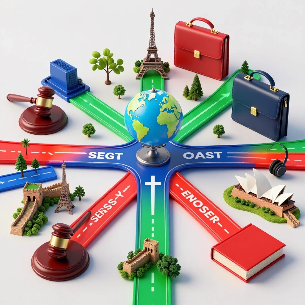 Glossy career symbols and international landmarks centered on a crossroads with vibrant branching pathways.