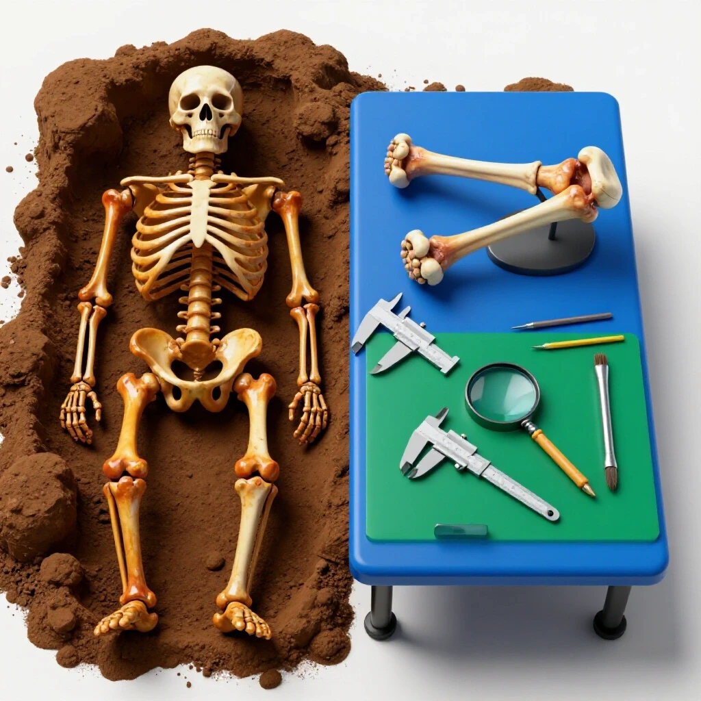 Partly exposed skeleton on one side and scientific tools analyzing bones on the other in a bright studio setting.