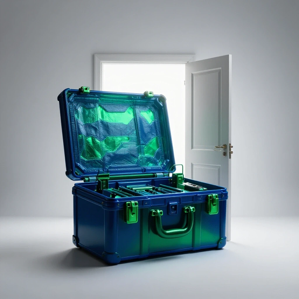 A forensic toolkit in deep blue and green emerges from shadows beside an open white door hinting at secret career pathways