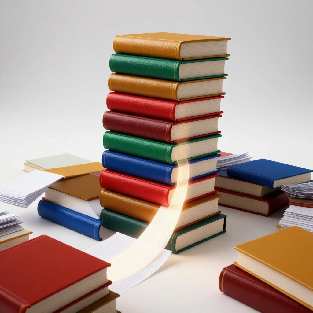 Richly colored books transforming into neat sheets of paper with a glowing line guiding through the sequence