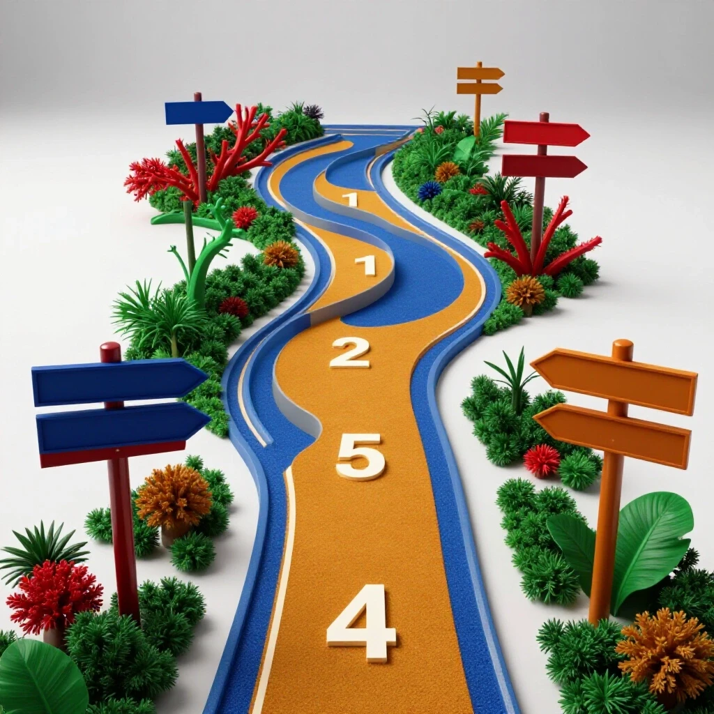 Winding pathway with four vibrant milestones and branching trails, set among colorful signposts on a bright background.