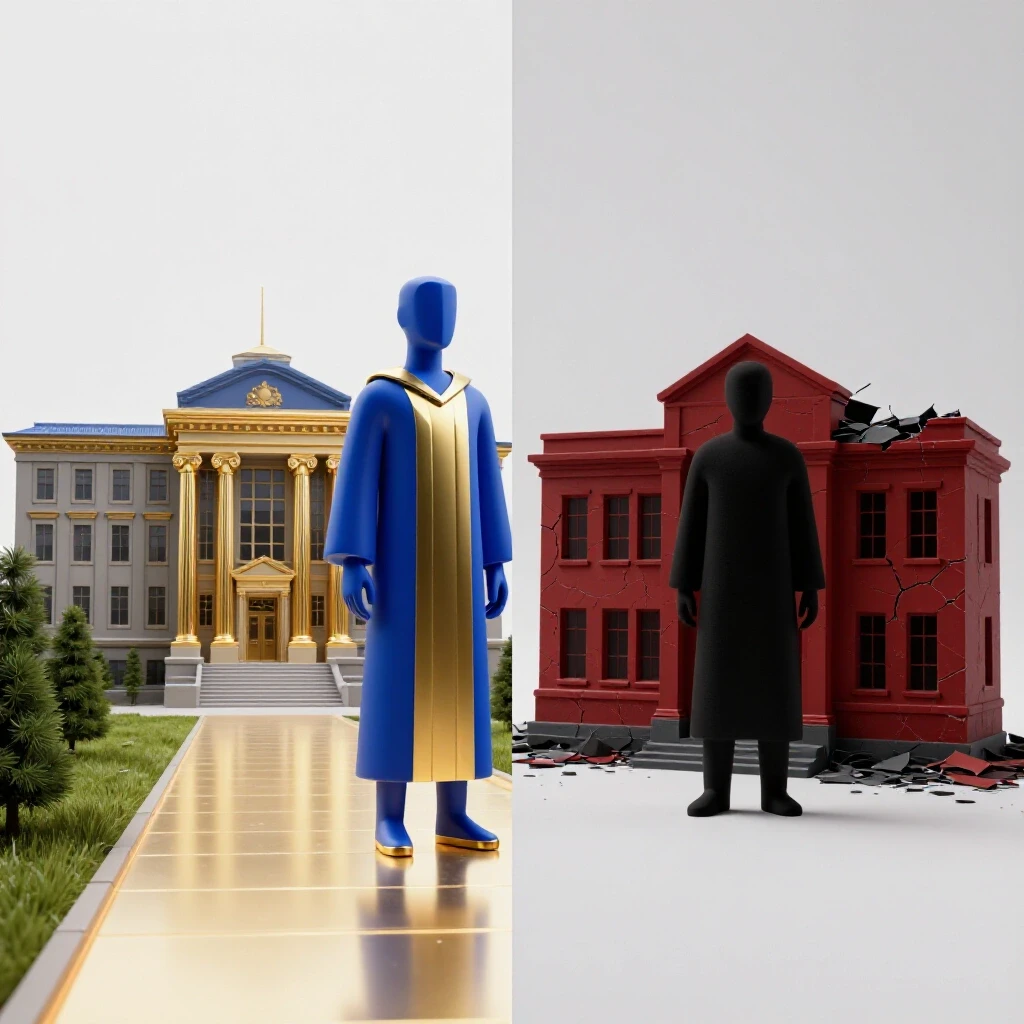 Split scene with abstract robed figure on glowing path to grand university opposite shadowy figure before crumbling building, vivid colors on bright background.