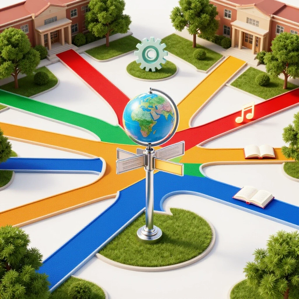 A brightly lit campus crossroads with colorful paths branching to unique objects symbolizing diverse elective choices.