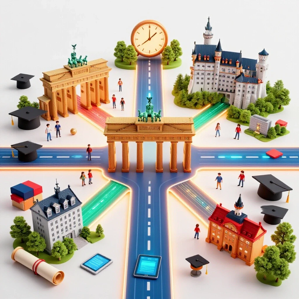 Vivid crossroads with glowing digital paths leading to German landmarks and clocks suggesting deadline urgency
