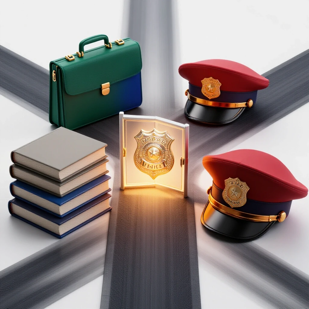 Glossy police badge and civilian objects at a crossroads, divided by a glowing gateway on a bright background.