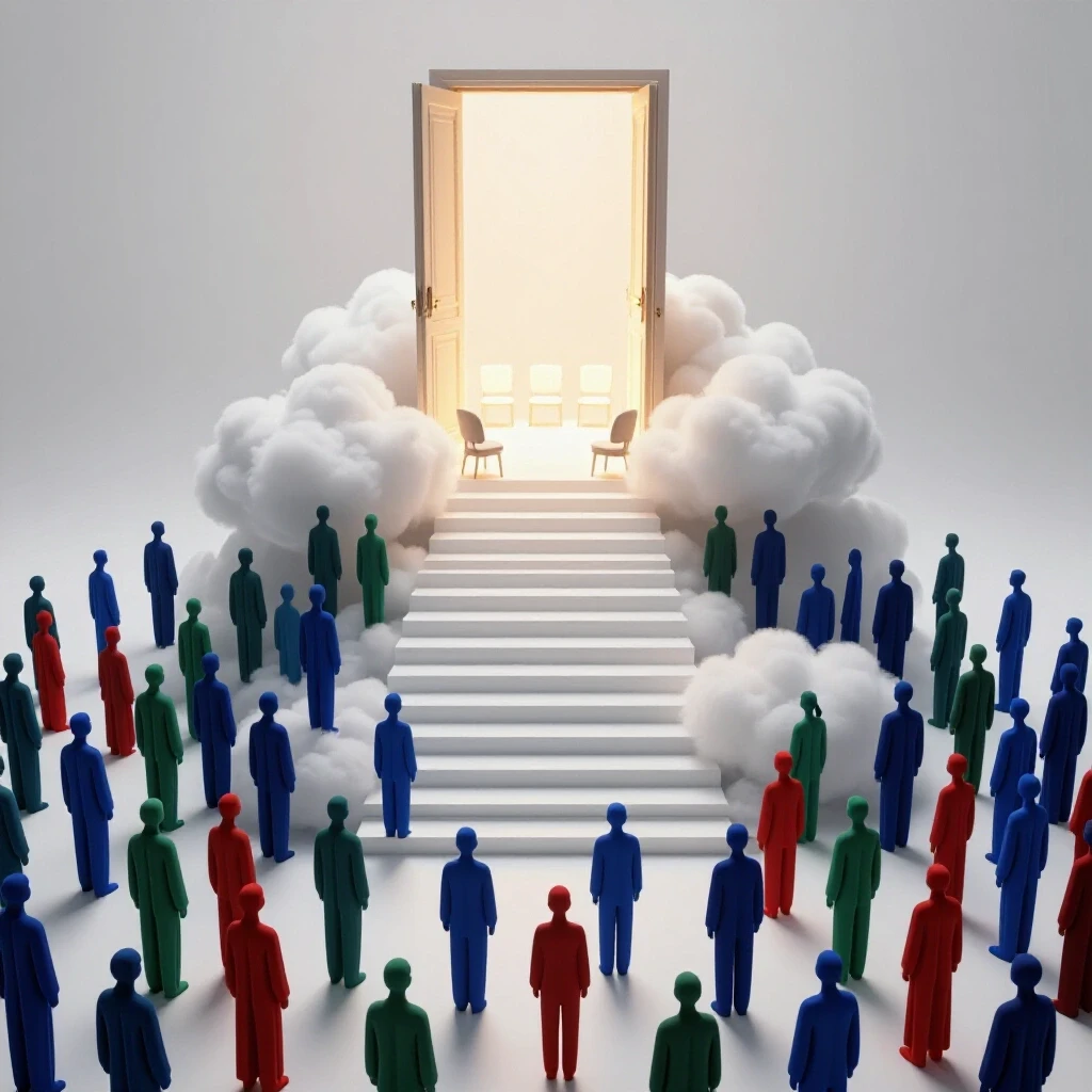 Radiant open doorway atop cloud staircase with glowing seats, crowd of colorful abstract figures below symbolizing rare access to divinity education.