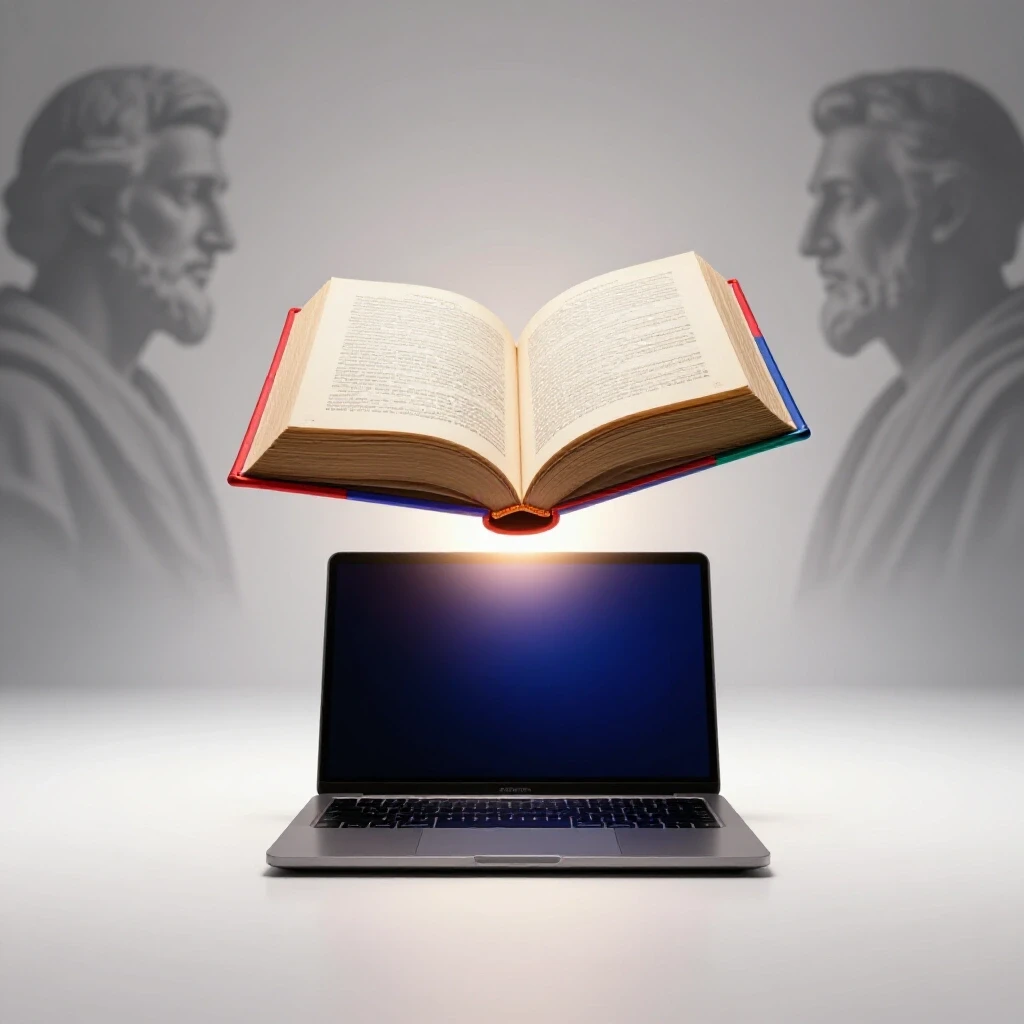 Ancient glowing book floating above a modern laptop with philosopher shadows in a bright studio setting.
