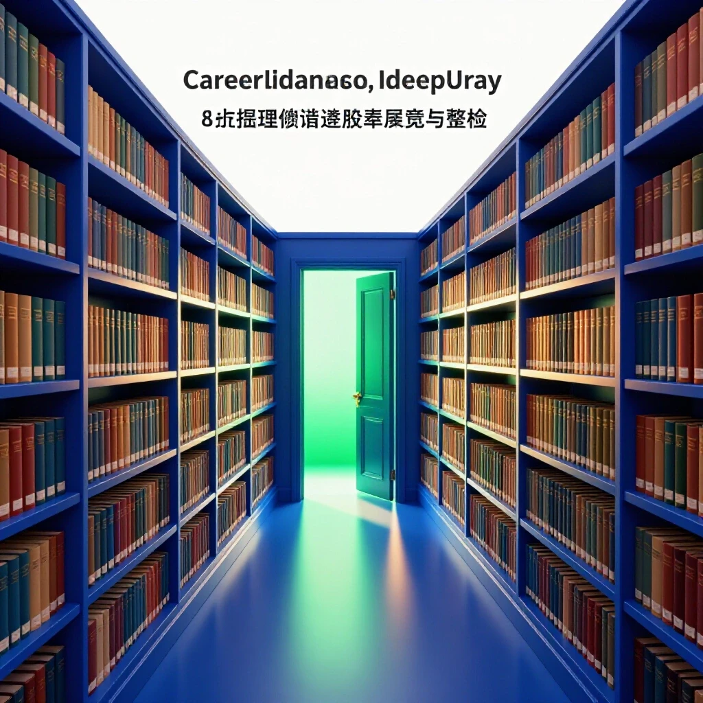 A glowing doorway at the end of a winding, vibrant blue library aisle with ethereal beams of light.