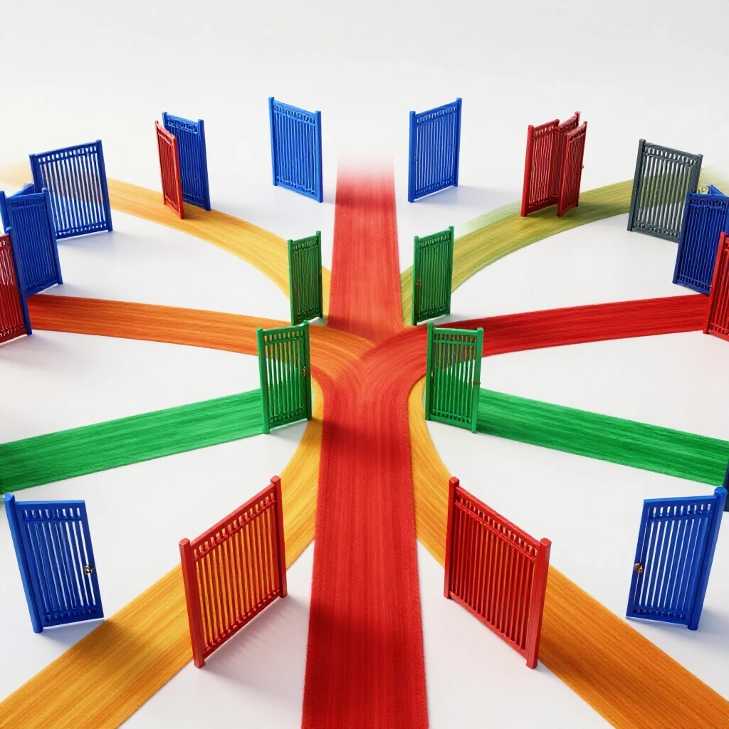 A crossroads with open gates and vivid paths leading into bright landscapes, symbolizing educational freedom.
