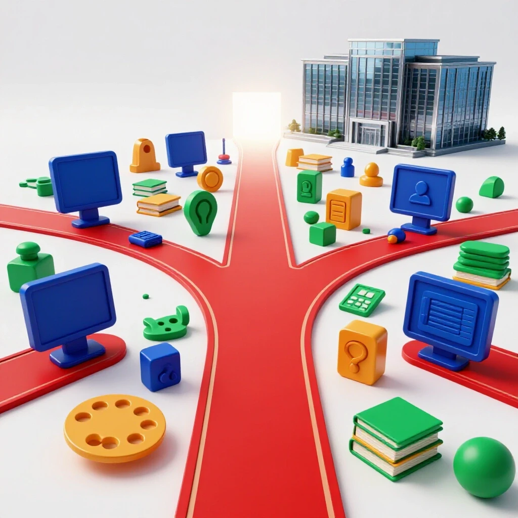 At a crossroads, vibrant creative tools line a bright path leading away from a distant, imposing building.