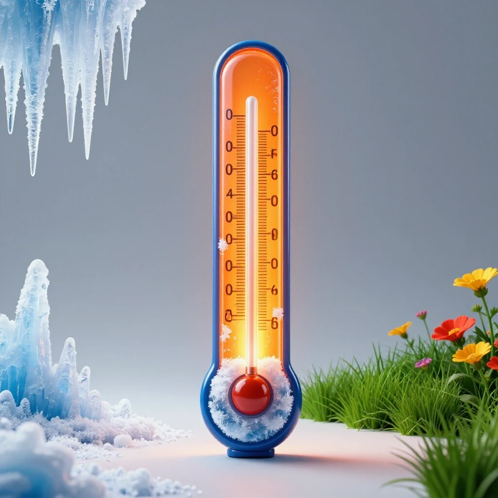 A colorful thermometer stands upright with ice and frost on one side and vibrant warmth on the other, set in a sunlit studio.
