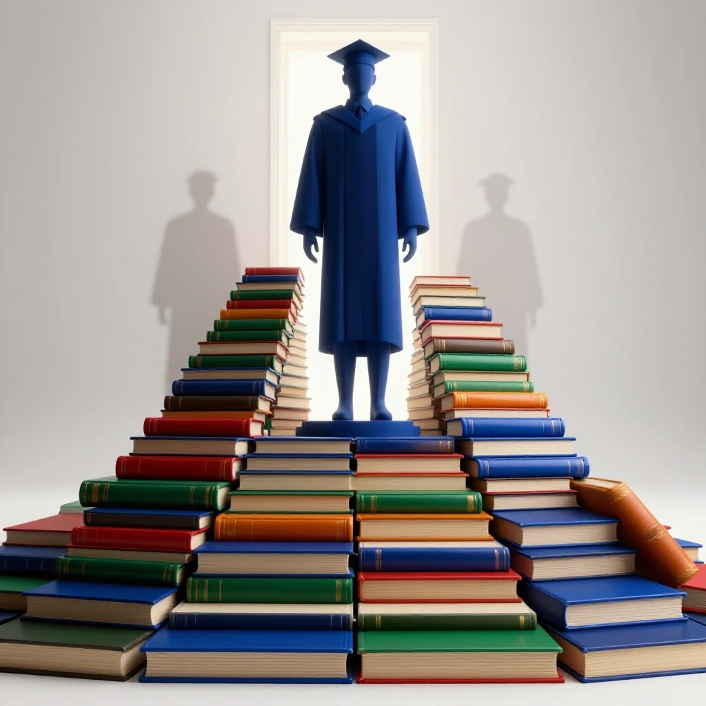 Abstract academic statue stands atop colorful book staircase leading to bright lecture hall, symbolizing prestigious career path.