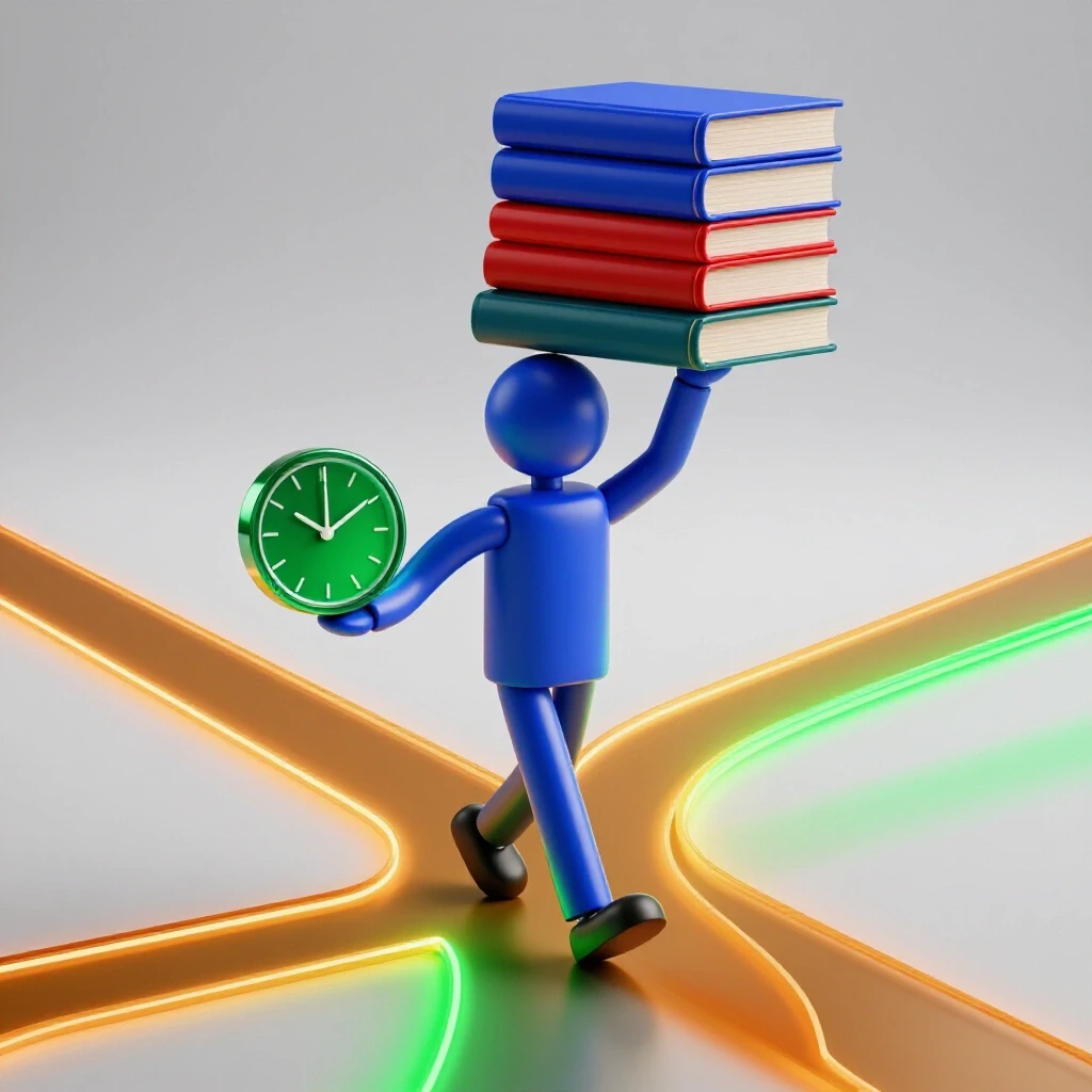 Abstract student shape balances a stack of books and clock on a path splitting into glowing routes.