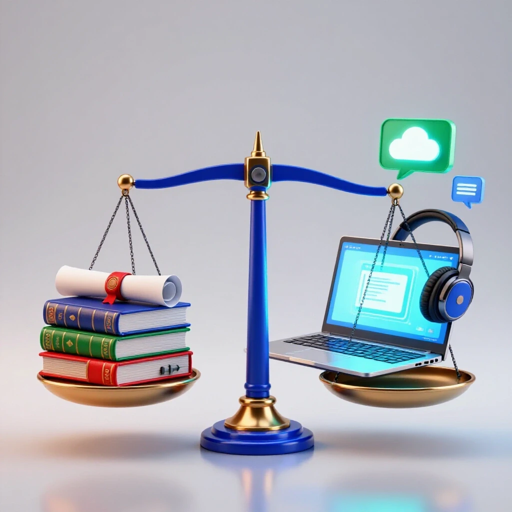 A balancing scale weighs classic books and a diploma against a laptop and digital learning icons, split scene style.