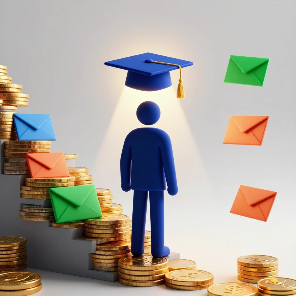A staircase of oversized coins and scholarship envelopes leads to a graduation cap under bright studio lighting.