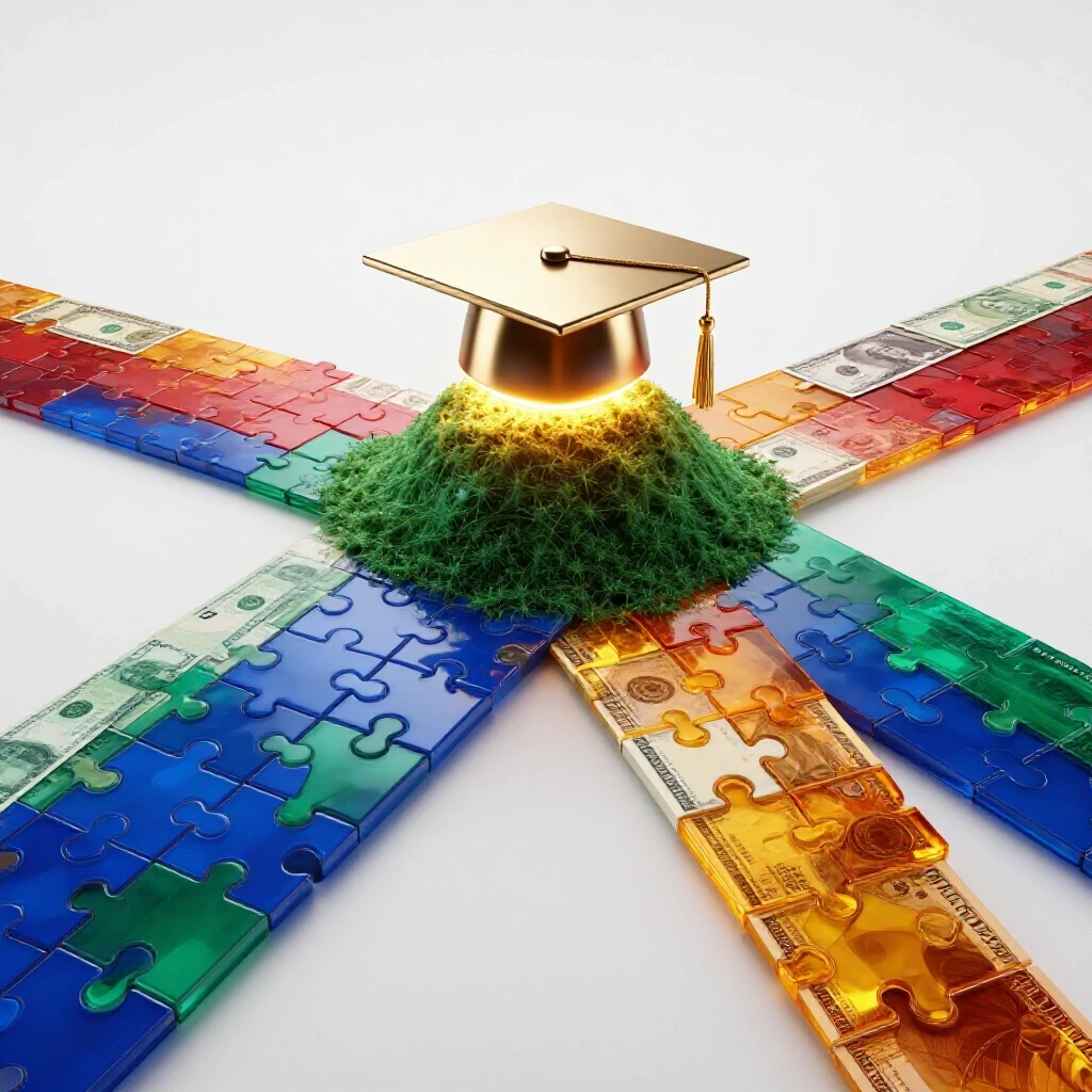 Intersecting vibrant paths of currency and puzzle pieces lead to a glowing academic cap atop a bright hill, symbolizing graduate funding strategies.