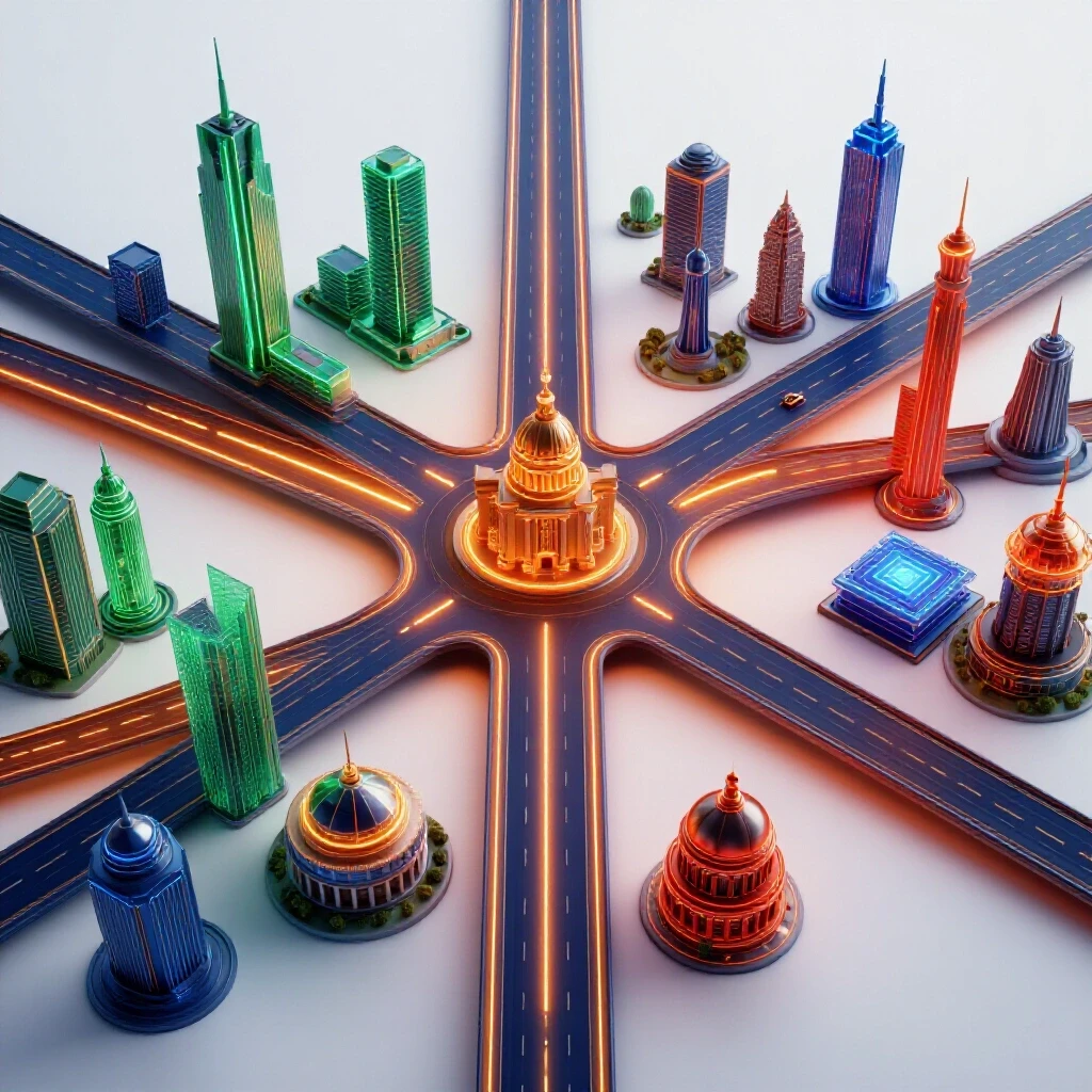 Glowing crossroads of colored pathways leading to futuristic and classic cityscape symbols on a bright white background.