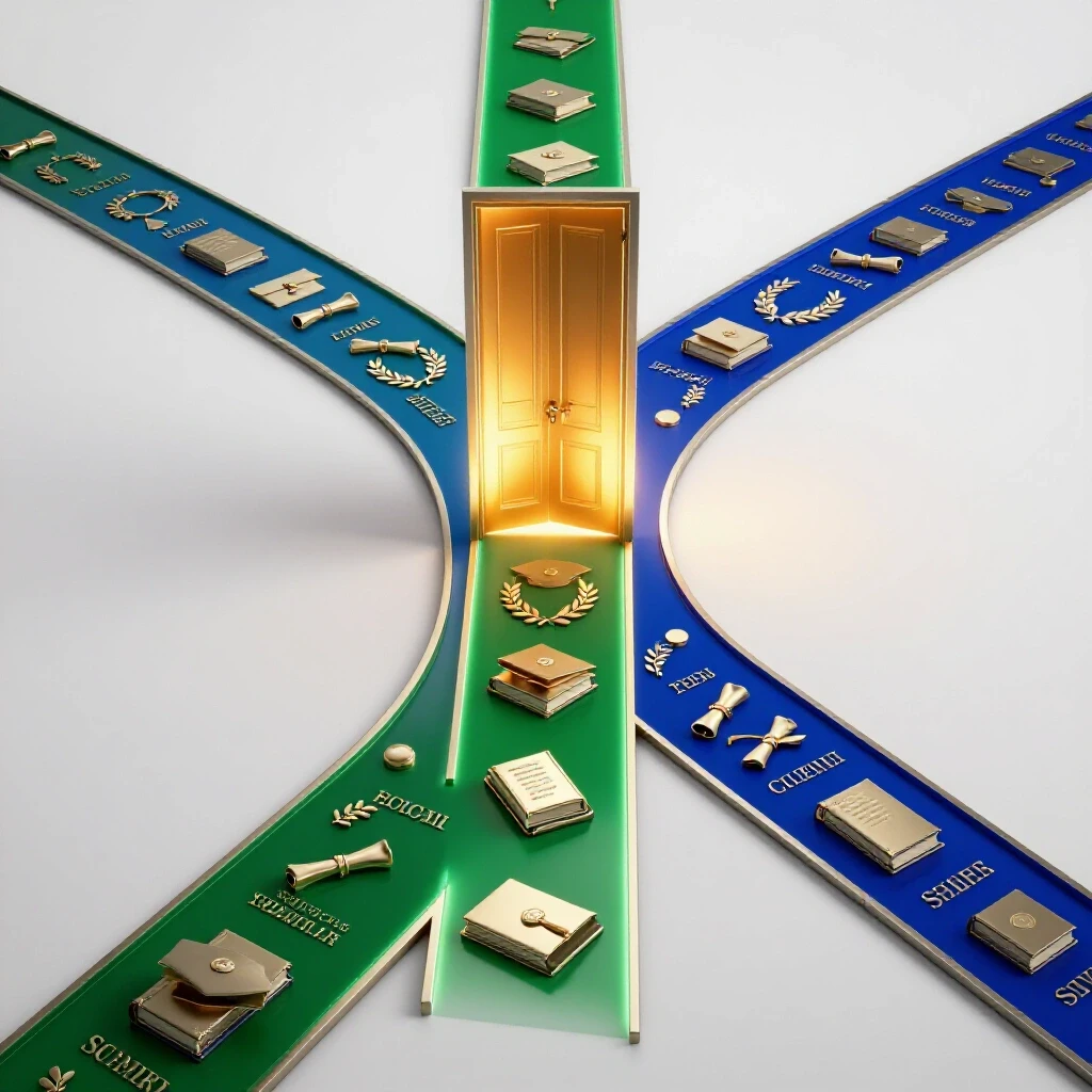 A crossroads with vibrant academic symbols on one path and a glowing hidden door in a bright studio setting