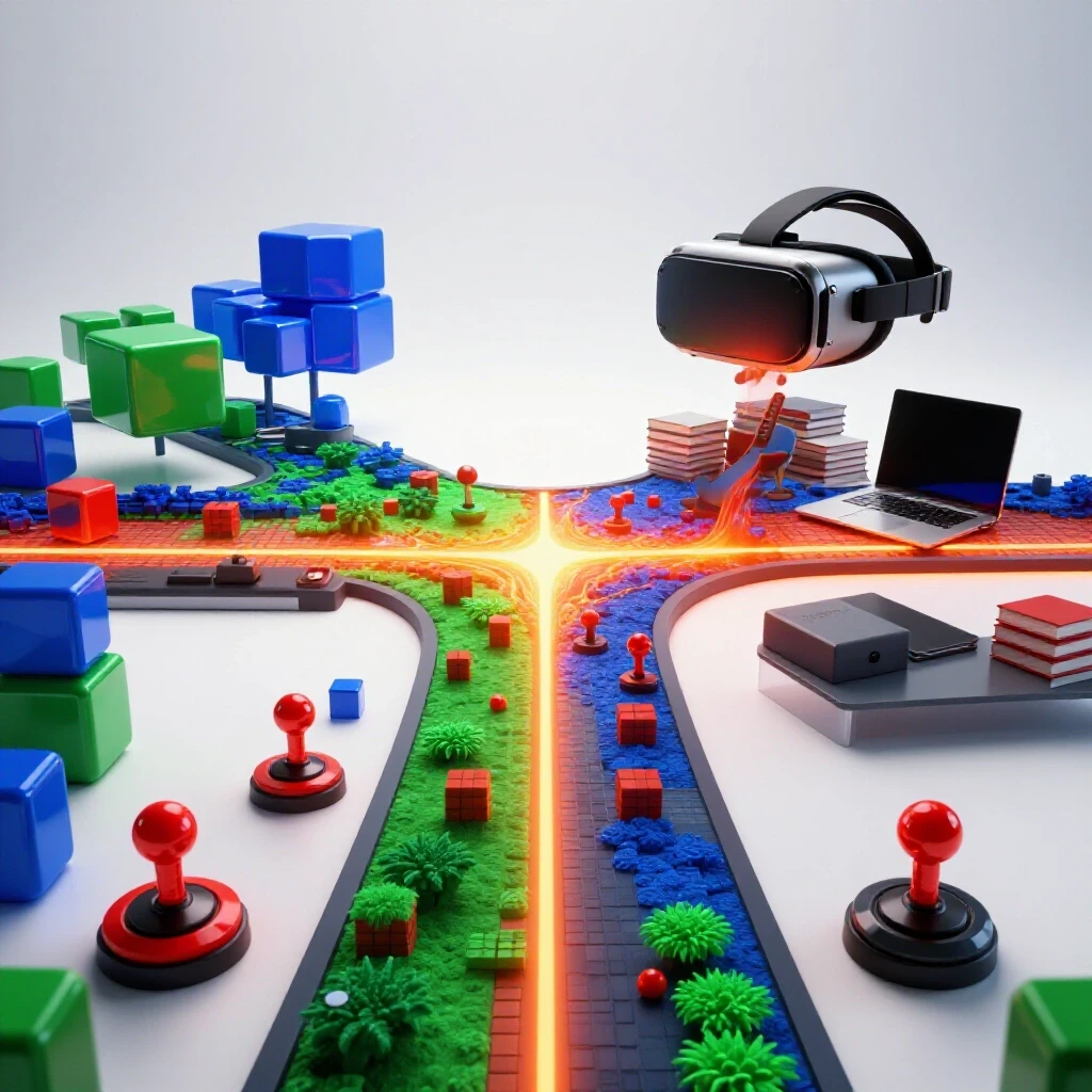 A crossroads scene merging vibrant gaming elements into a sleek tech workspace against a bright white background.