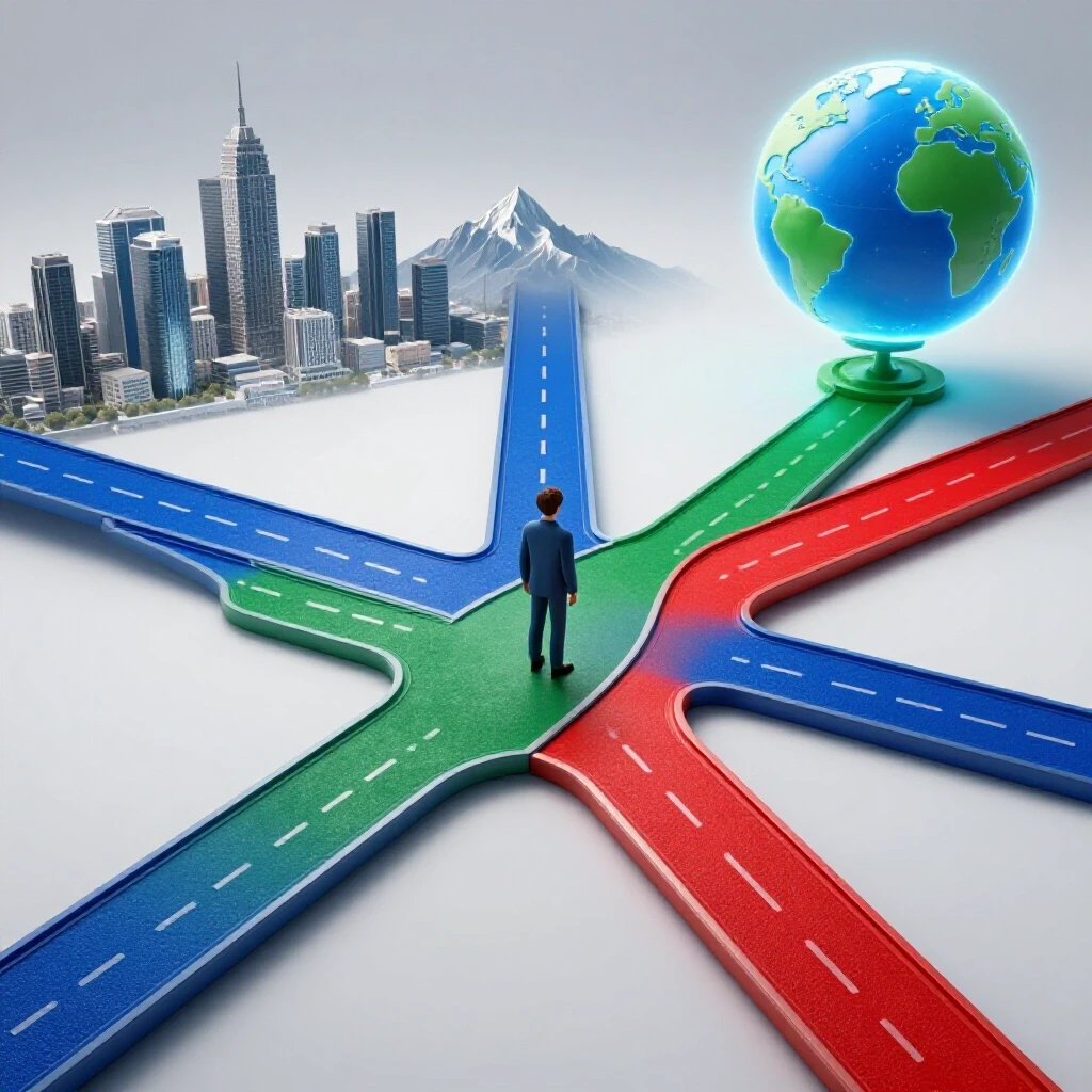 Three vividly colored paths at a crossroads leading to a city, mountains, and a globe, symbolizing post-high school gap year options.