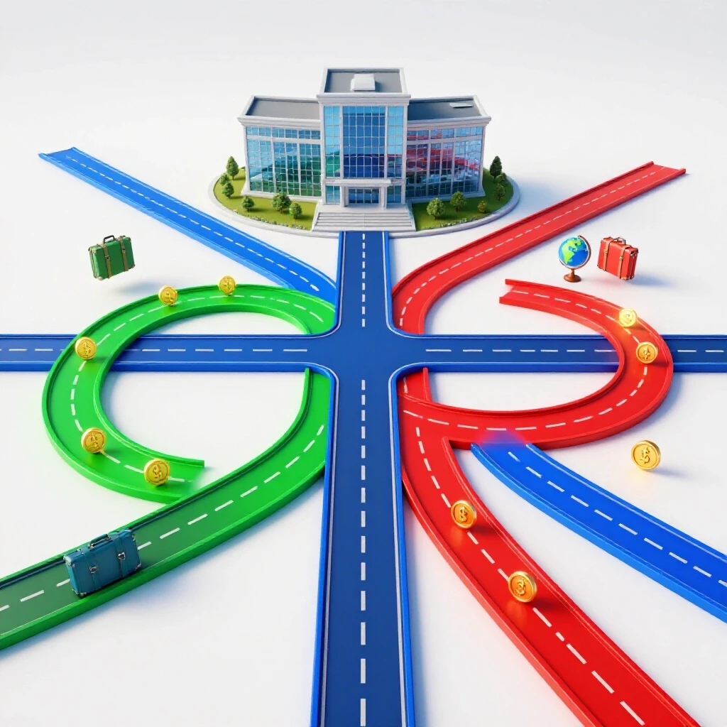 A crossroads showing a structured route to university and a winding path of experiences, both marked with glowing coins on a bright background.