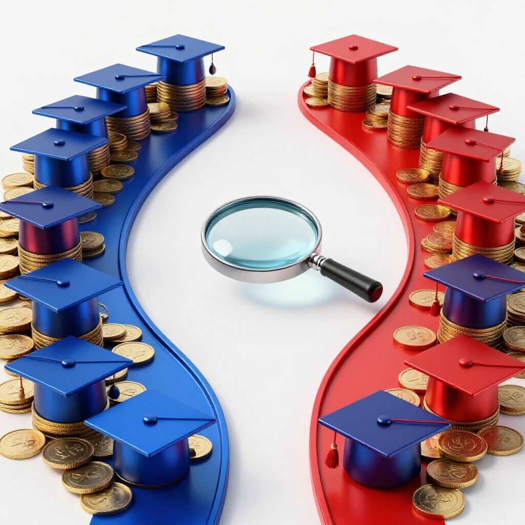 Two colored paths leading from graduation caps to coin stacks with a central magnifying glass on a bright background.