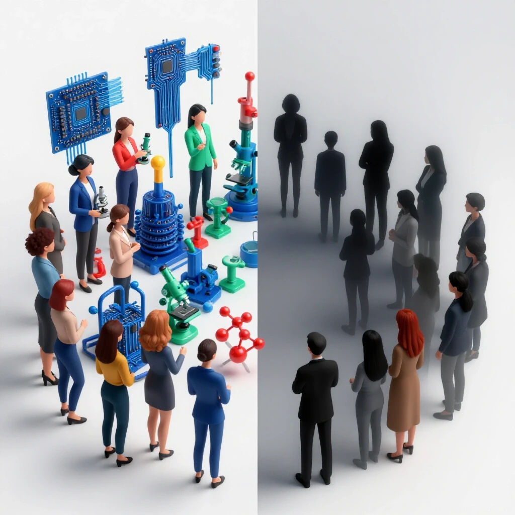 Split scene featuring bold STEM symbols on one side and faded silhouettes on the other, illustrating gender gaps.