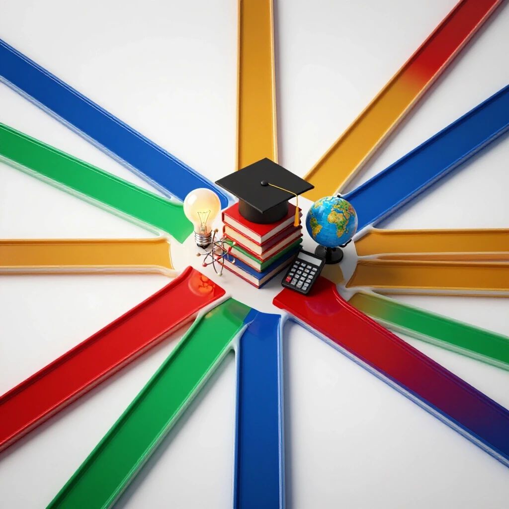 A crossroads of colorful academic symbols like books, globe, and graduation cap set on a bright, clean background.