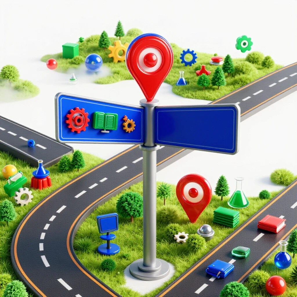 A crossroads sign at center, one path leading to diverse colorful industry icons, the other to a single focused goal.