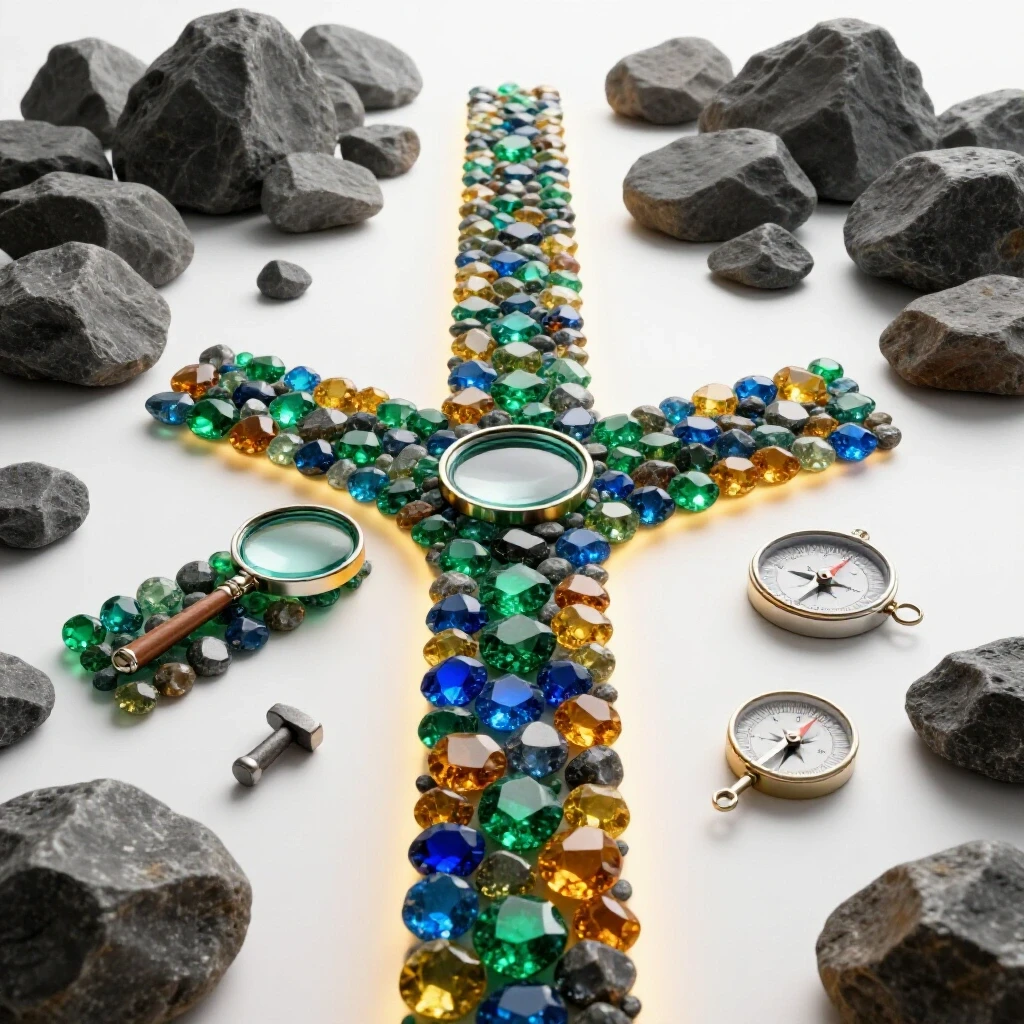 Dramatic crossroads scene with vibrant gemstones and scientific tools on one path, rocky uncertainty on the other, against a bright background.