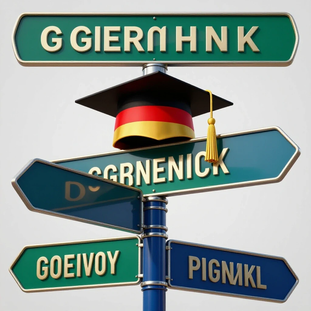 Graduation cap transforming into a German flag on a colorful crossroads signpost, set on a clean white background.
