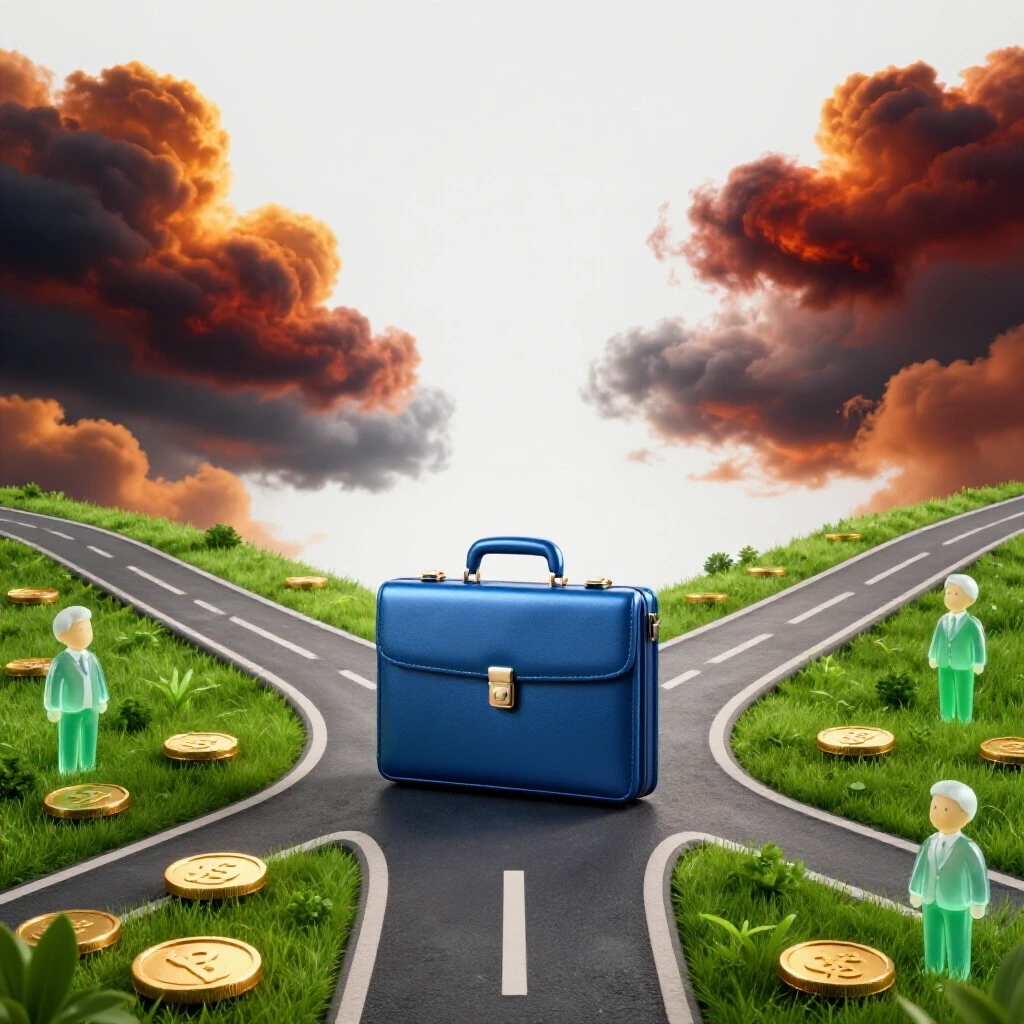 A professional briefcase at a crossroads between a stormy path and a sunlit landscape with symbols of stability and elderly wellness