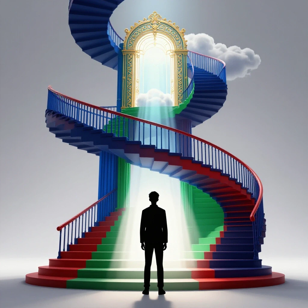 A student silhouette stands before a grand, winding staircase leading to a glowing ornate gate atop clouds, surrounded by rich colors and soft light.