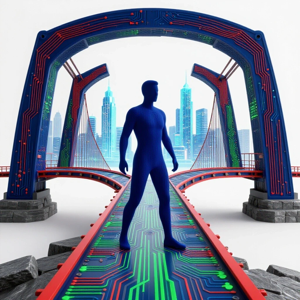 Abstract figure crosses a vibrant circuit board bridge from a rough start to a glowing tech city skyline on a white background.