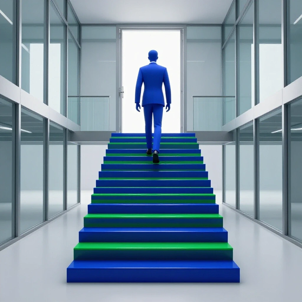 Abstract professional ascends illuminated blue steps in modern office with bright doorway ahead symbolizing career growth.