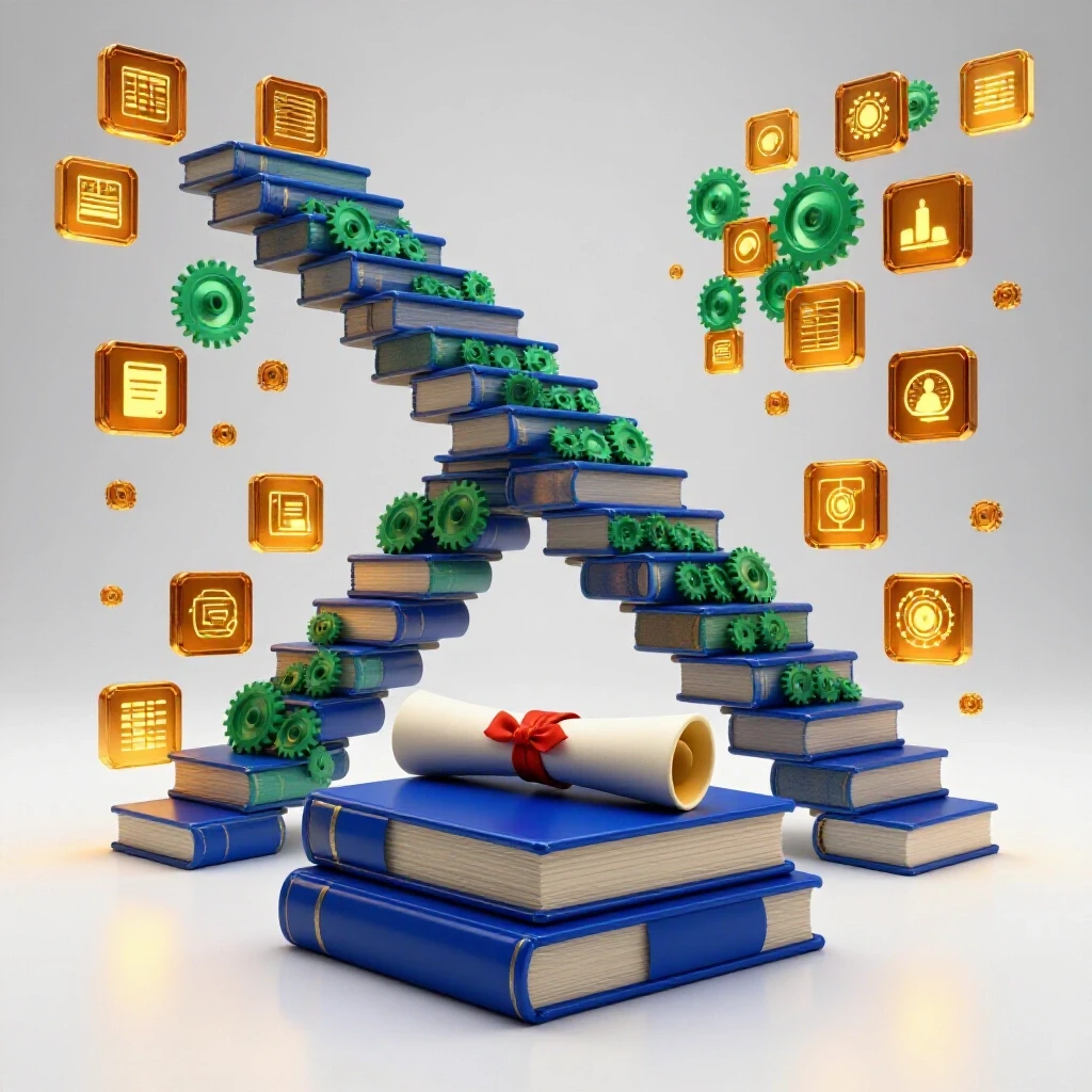 Vibrant staircase of glowing books, gears, and digital icons rising above a diploma pedestal on a bright white background.