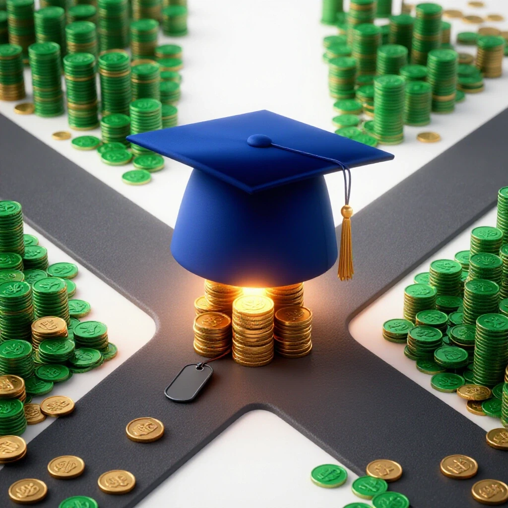 Confident military symbols at a crossroads with one path leading to a glowing graduation cap on coins, the other fading into uncertainty, all on a bright white background.