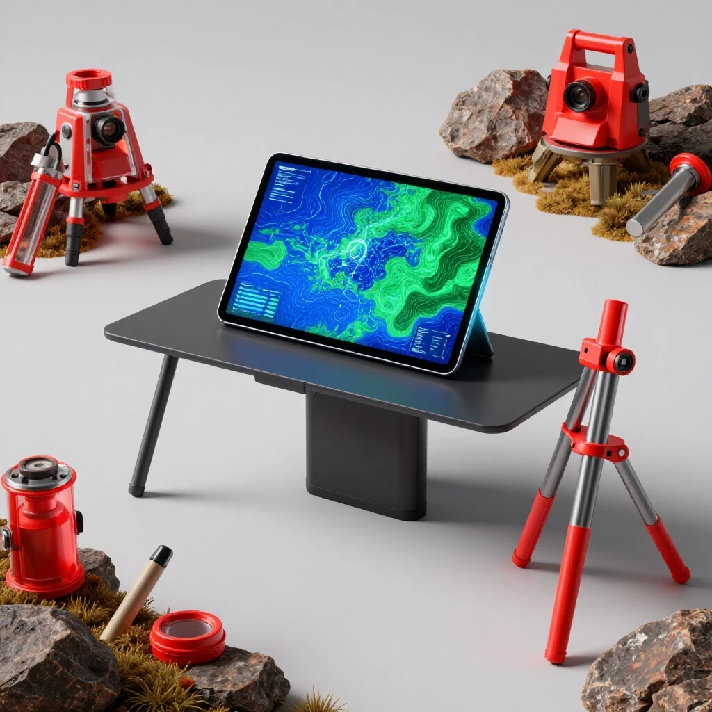 Split scene showing digital map analysis on a tablet indoors and surveying equipment outdoors in vivid colors.