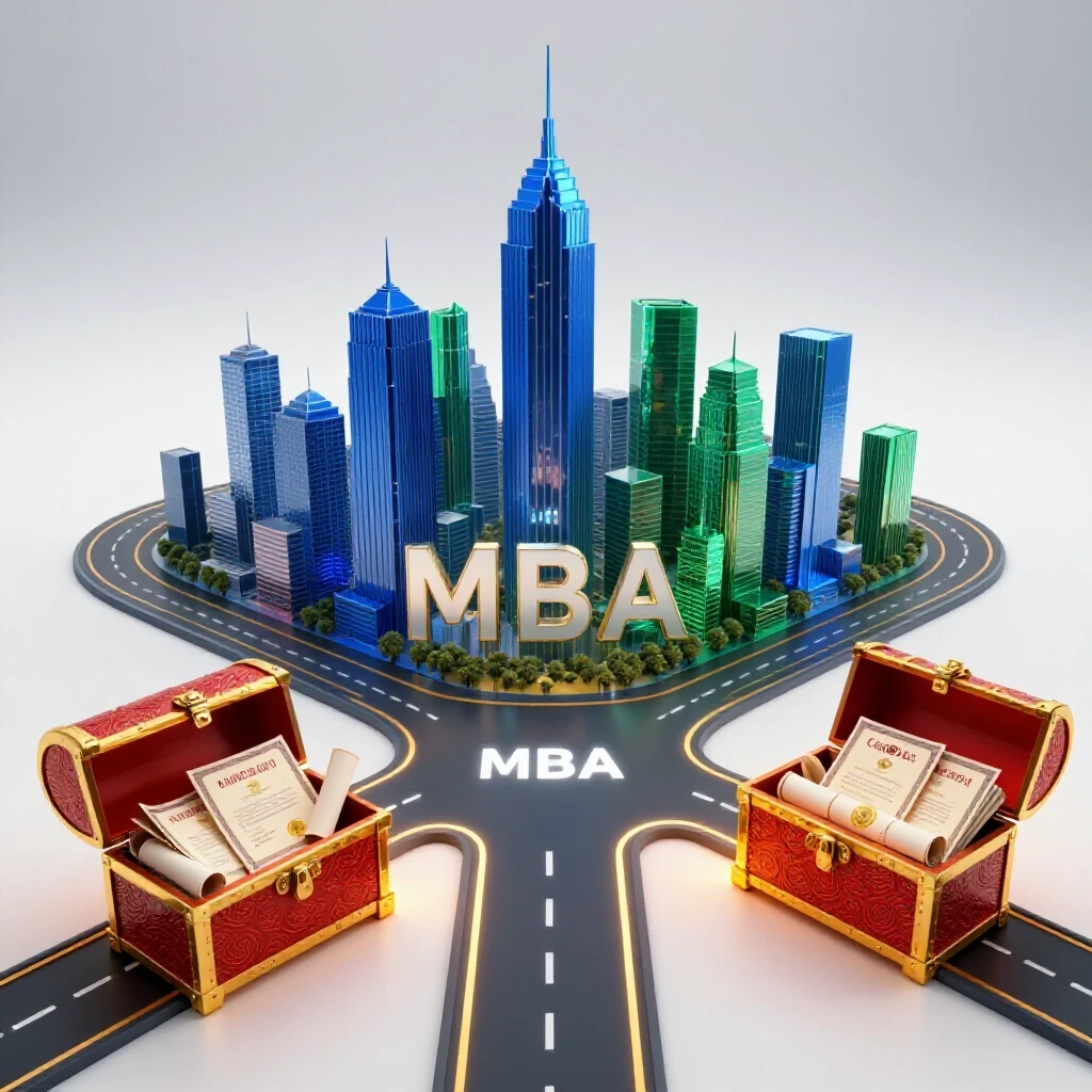 A crossroads with one path leading to a glowing city skyline and another to a treasure chest filled with certificates, both on a bright studio background.