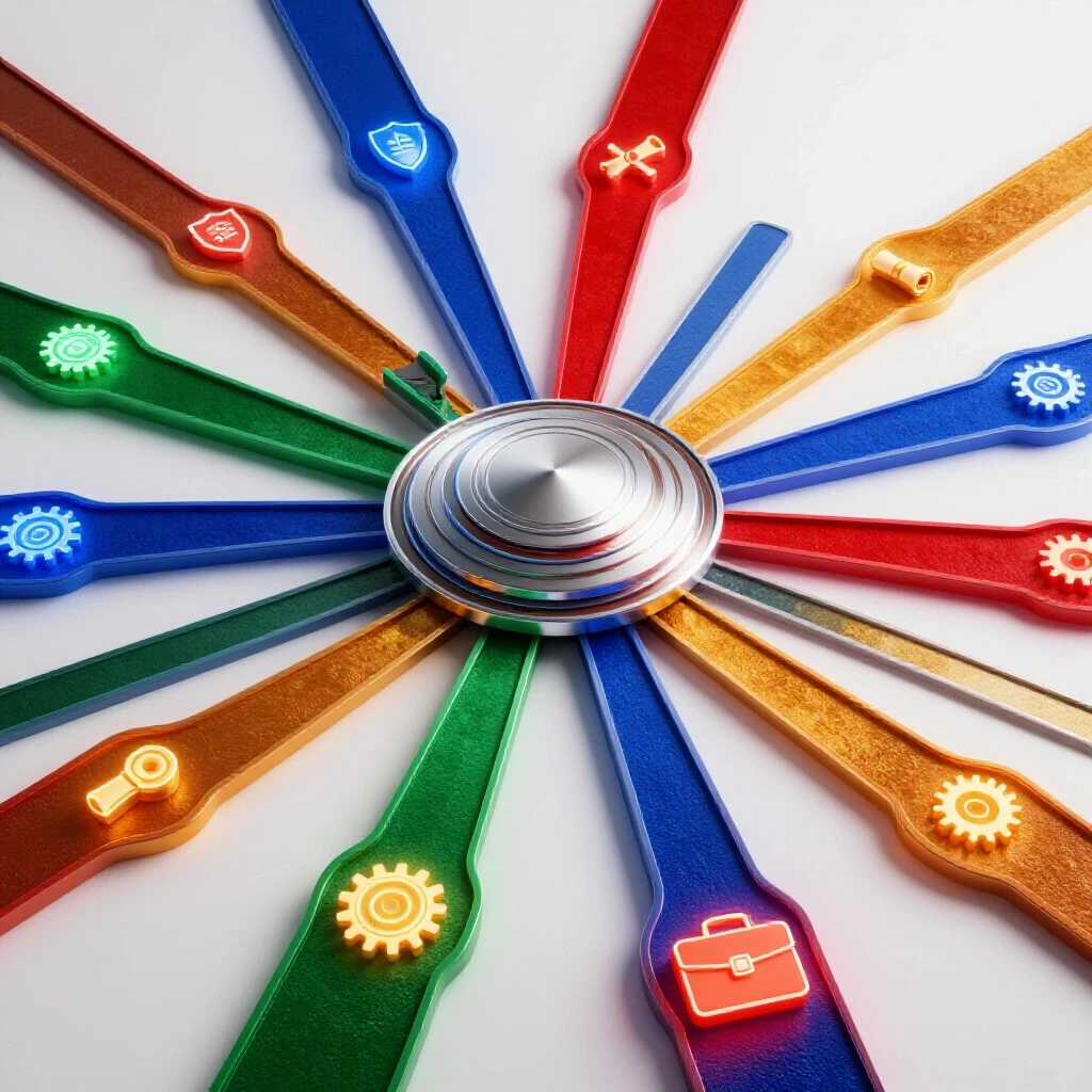 Futuristic central hub with radiating pathways and glowing certification symbols on a bright white background.