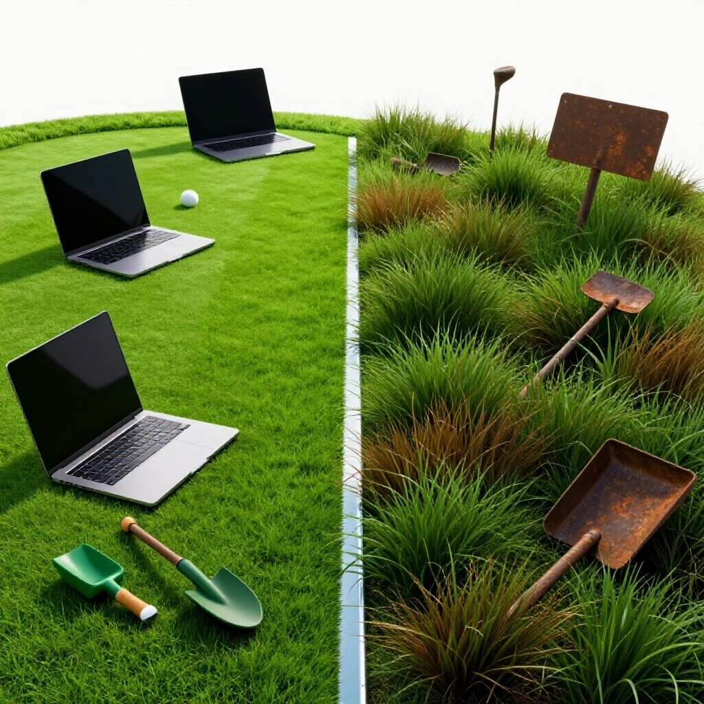 Vivid split-scene of a pristine laptop-managed golf course and a wild, overgrown turf, divided by a gleaming line.